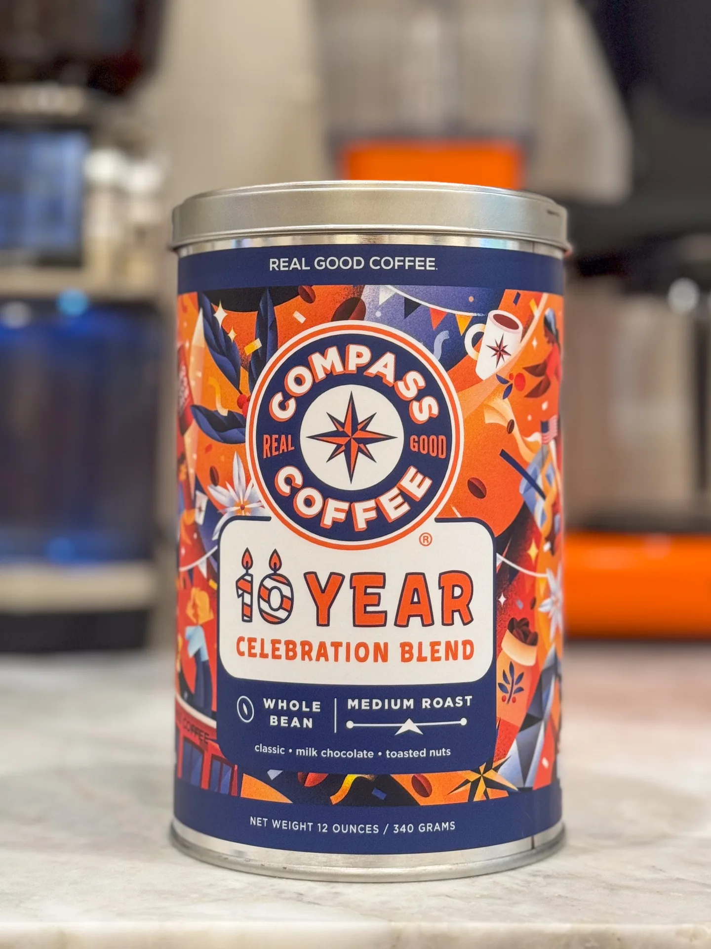 Compass Coffee ten-year Celebration Blend tin