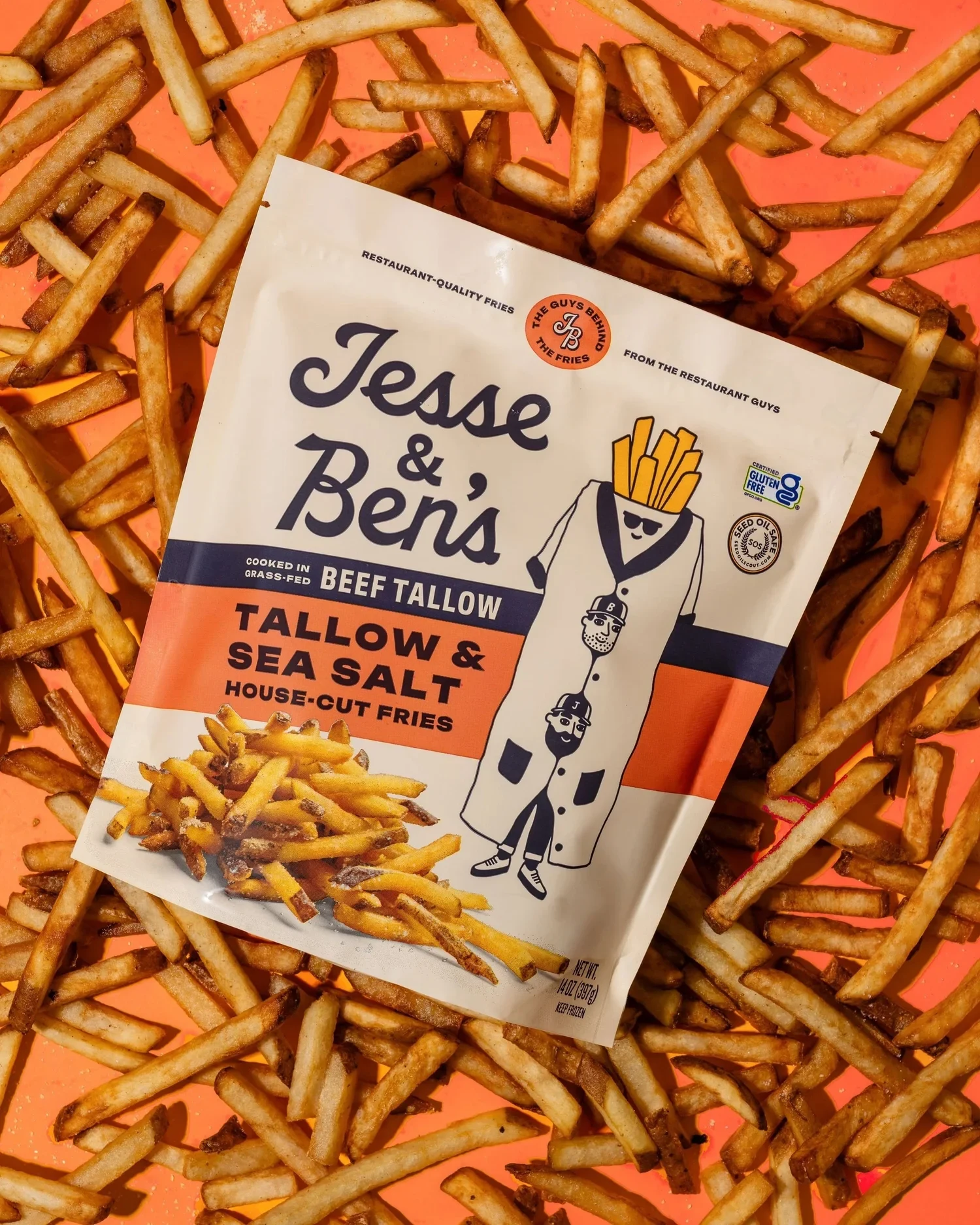 Jesse & Ben’s tallow and sea salt fries packaging surrounded by fries