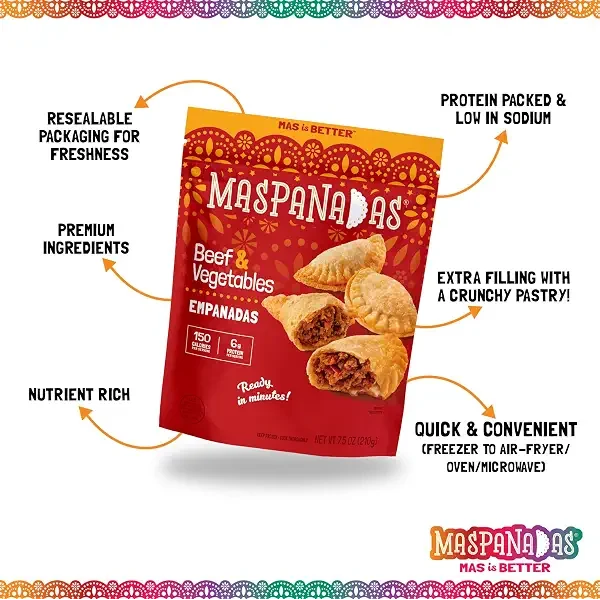 Maspanadas beef and vegetable empanada packaging with product details