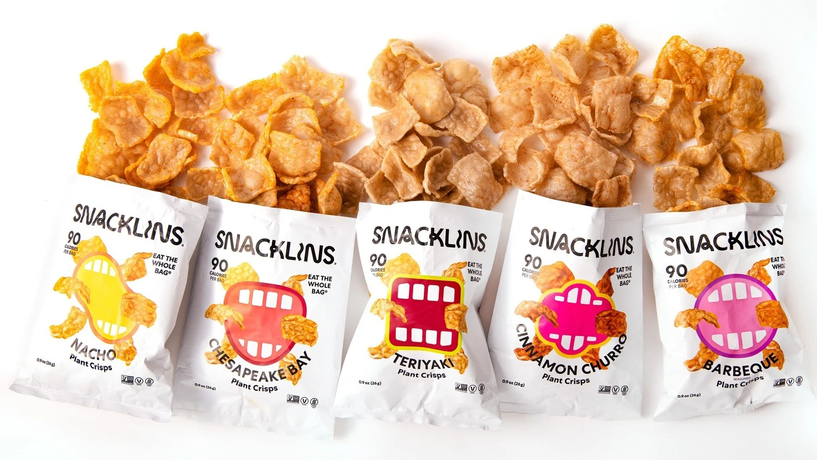 Five Snacklins snack varieties in open bags