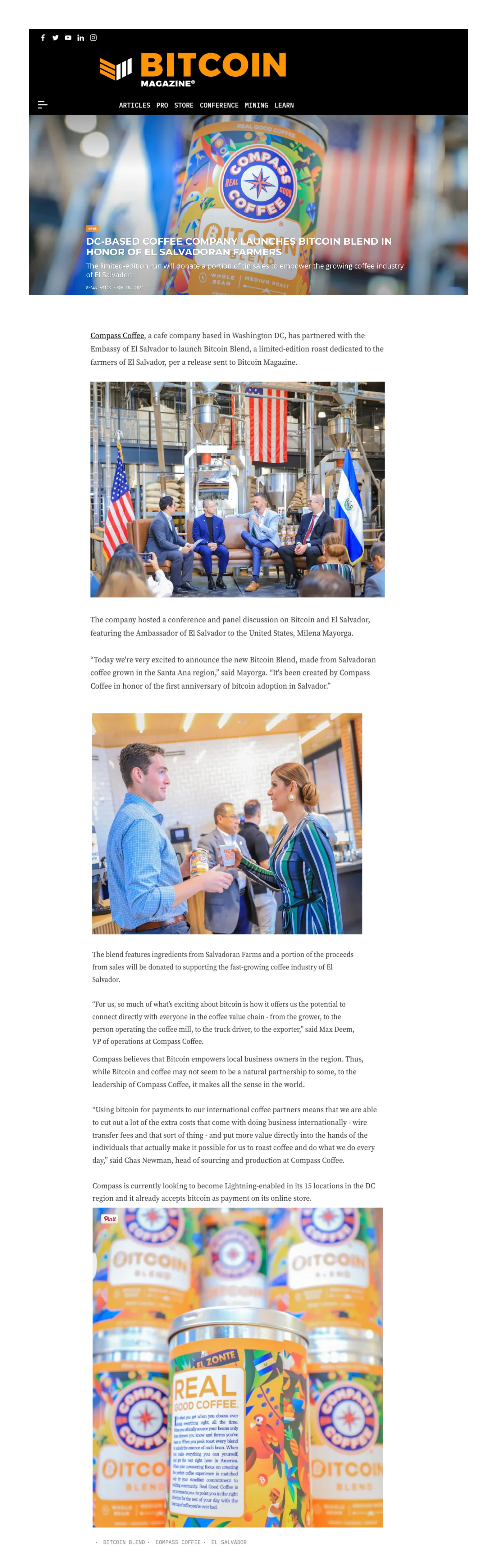 First page of Bitcoin Magazine’s coverage of Compass Coffee’s Bitcoin Blend and El Salvador partnership