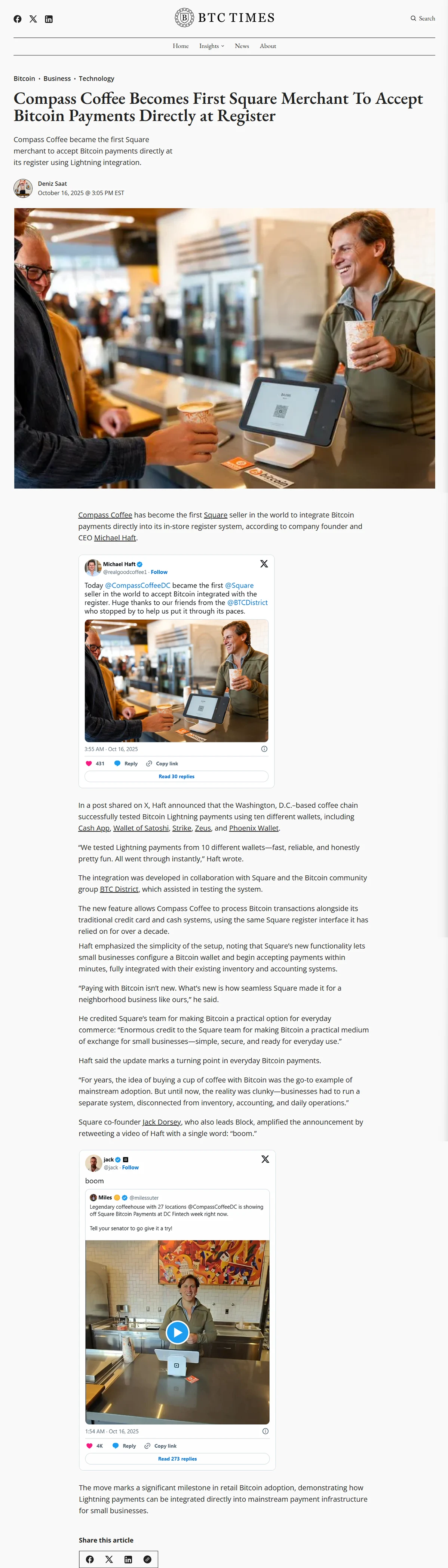 Complete BTC Times article by Deniz Saat dated October 16, 2025, about Compass Coffee accepting Bitcoin payments directly at the register