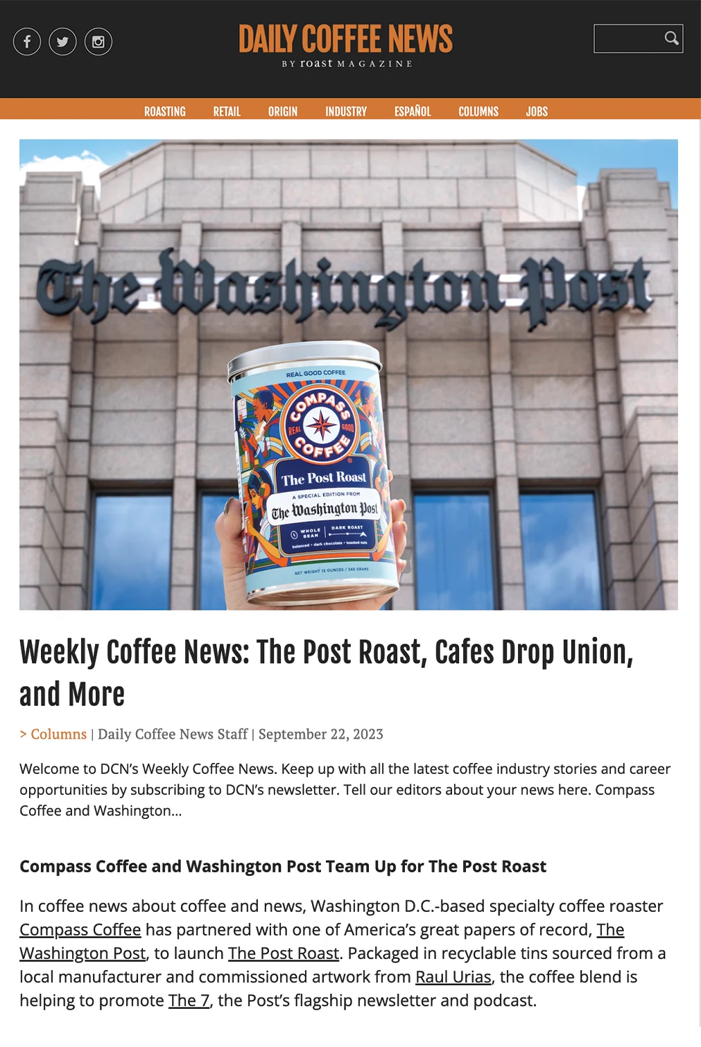 Daily Coffee News’s September 22, 2023 weekly roundup, The Post Roast, Cafes Drop Union, and More