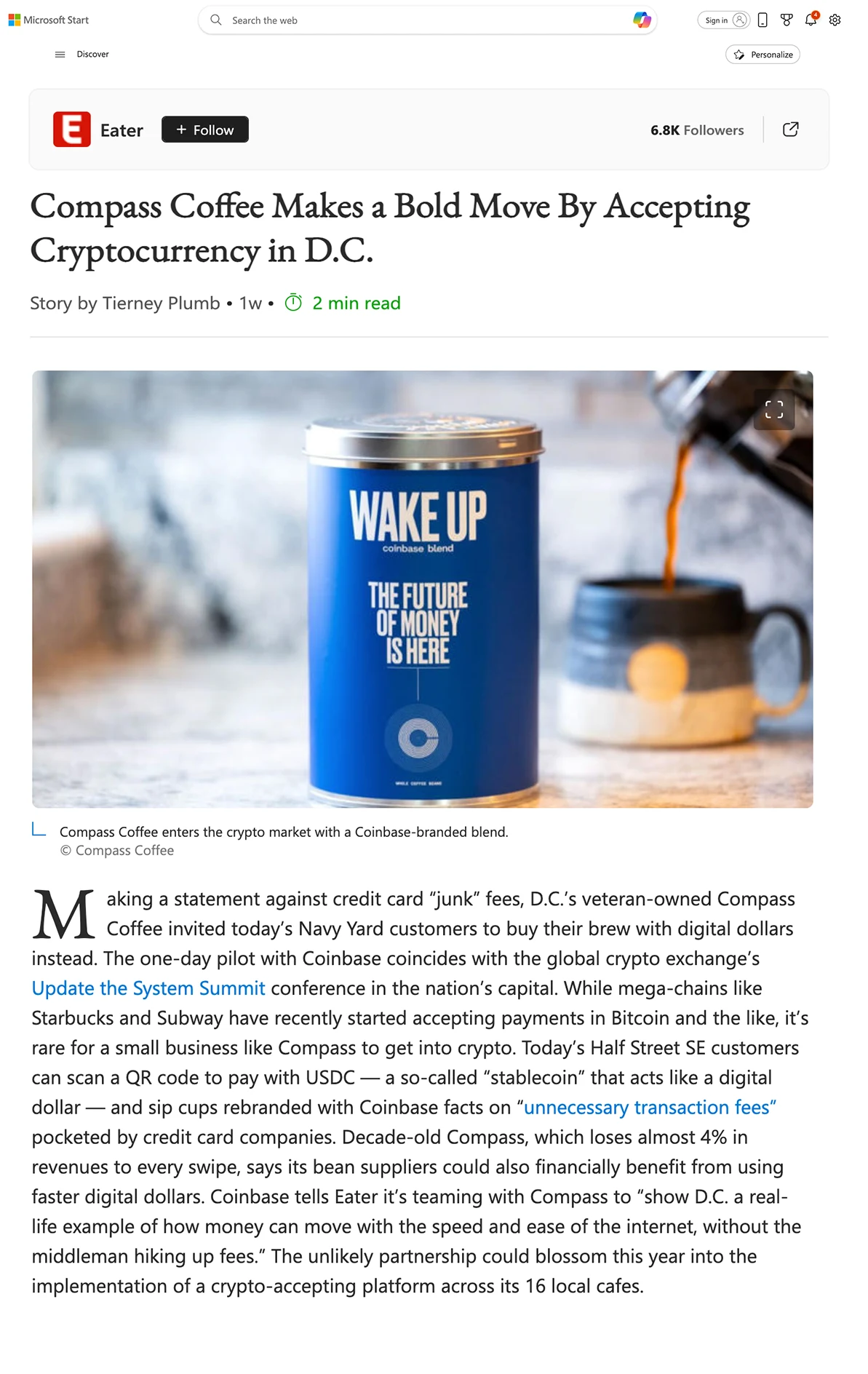 Eater’s Compass Coffee cryptocurrency article as displayed on Microsoft Start