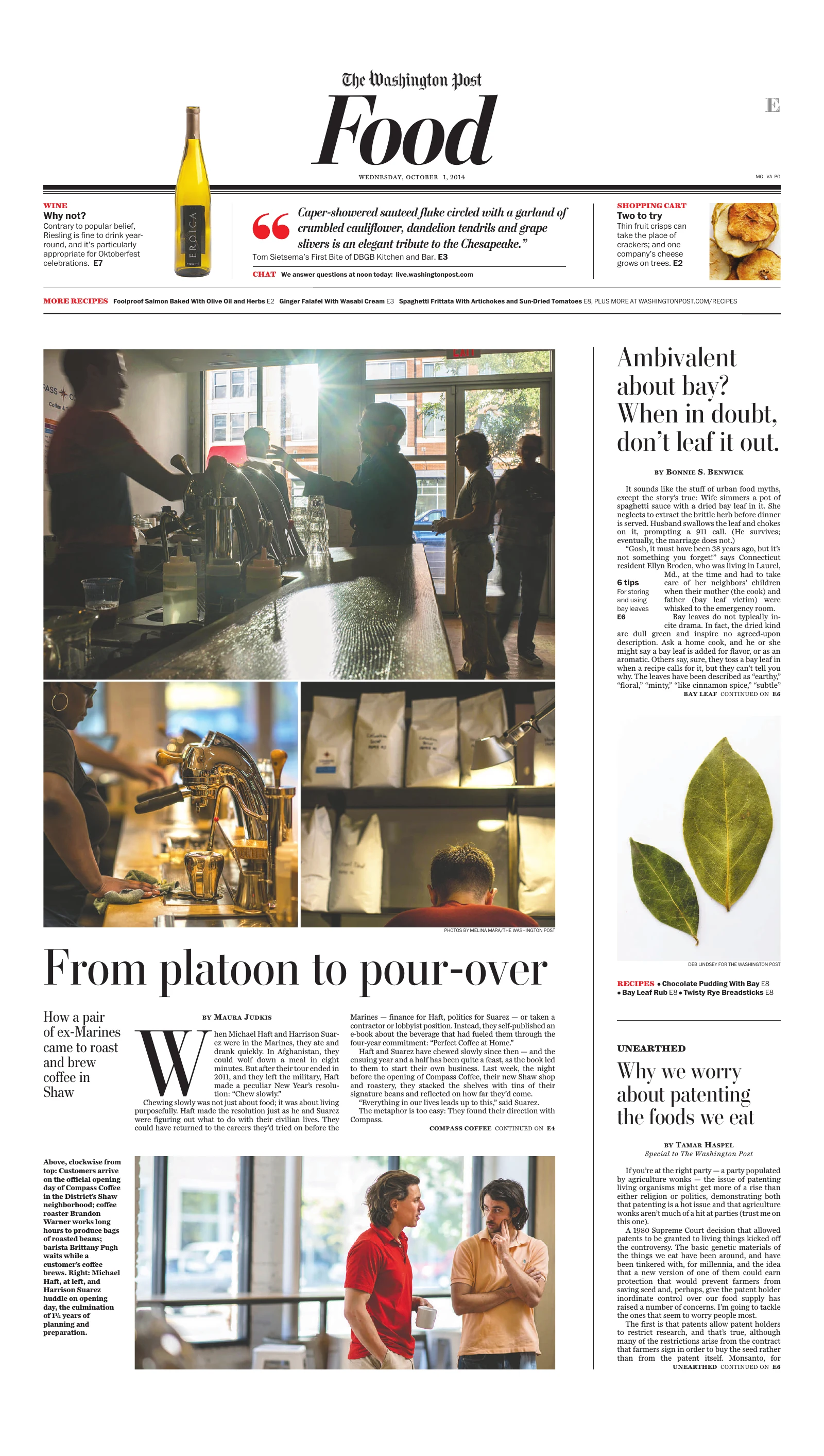 The Washington Post Food section, headed From platoon to pour-over, featuring Michael Haft and Harrison Suarez at Compass Coffee