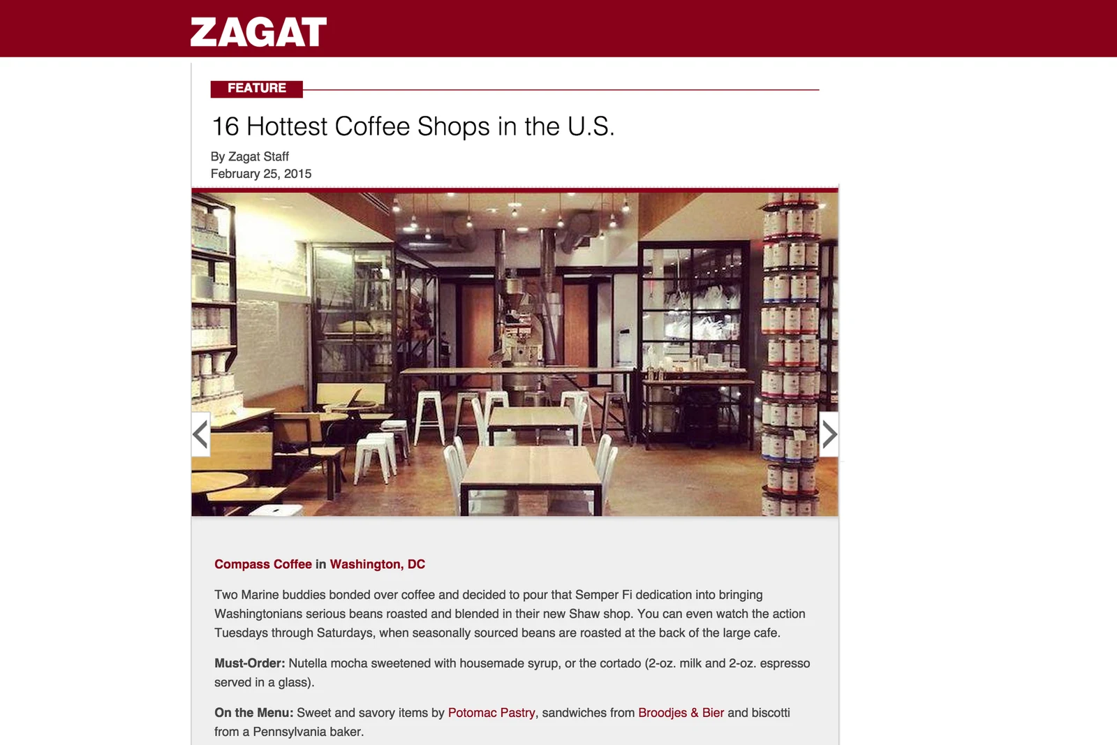 Zagat’s 16 Hottest Coffee Shops in the U.S. featuring Compass Coffee